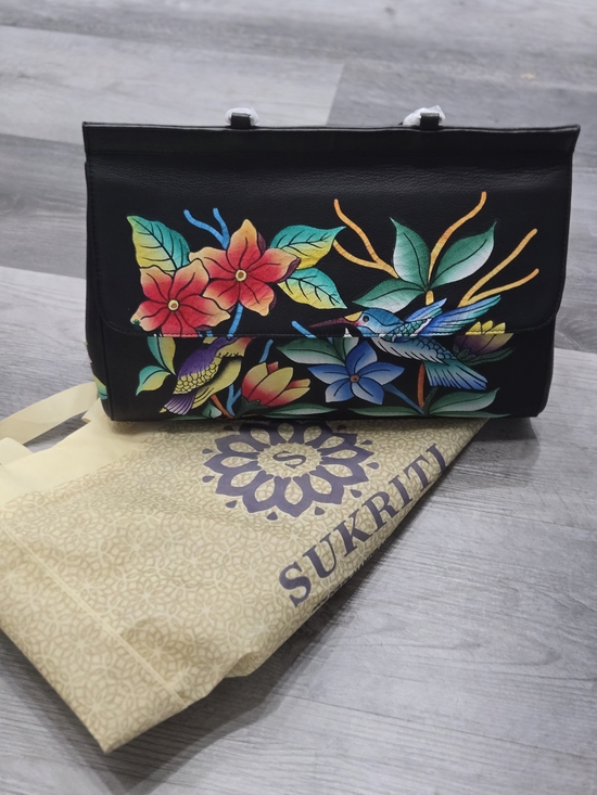Handbags - Hand-Painted Floral & Hummingbird Black Leather